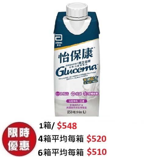 雅培怡保康 Glucerna 糖尿病營養品 (雲呢拿味) 250ml (24包/箱) | 管飼/胃喉專用 低升糖指數